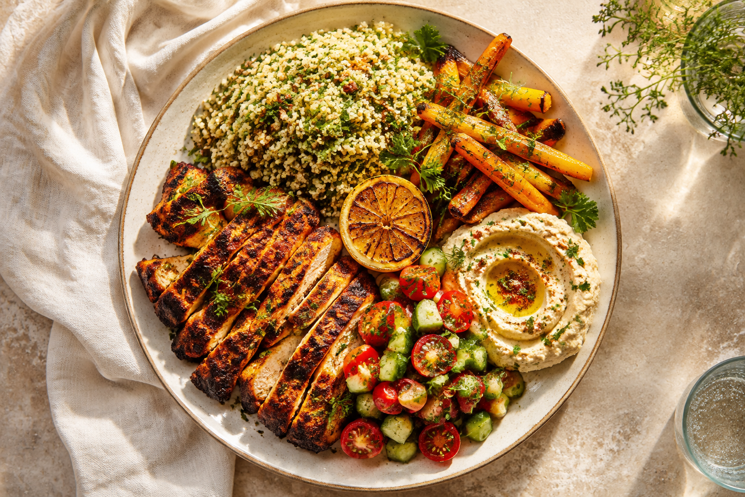 Mediterranean feast with harissa chicken, vibrant vegetables, hummus, and fresh herbs